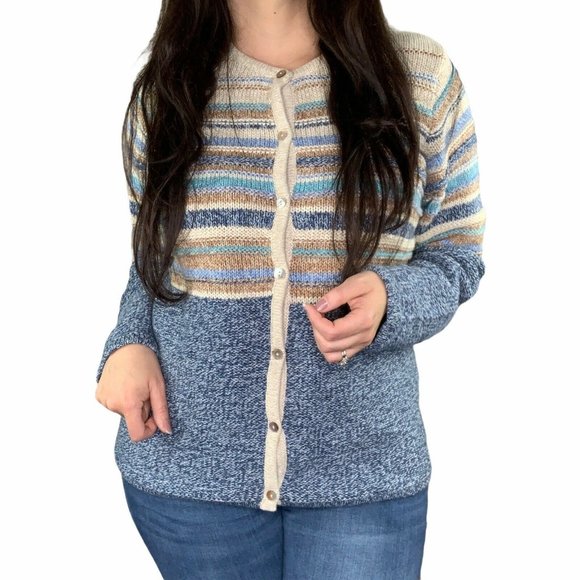 LL Bean button front cardigan sweater sz L blue - Picture 1 of 10